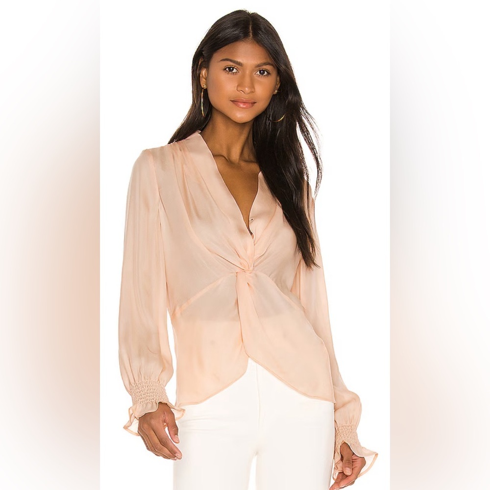 Krisa Women’s sheer Blush Pink‎ Blouse with Knot detail, size medium